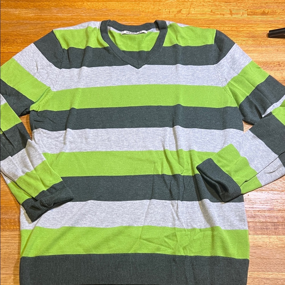 Old Navy Men‎ Large Green Gray Knit Stripe V-Neck Long Sleeve Pullover Sweater